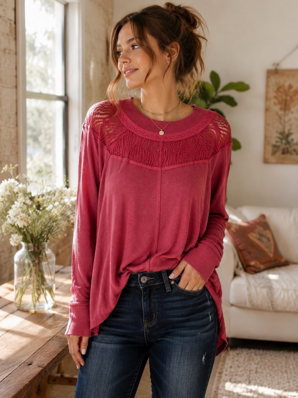 Free People Womens Spring Valley Henley Blouse S